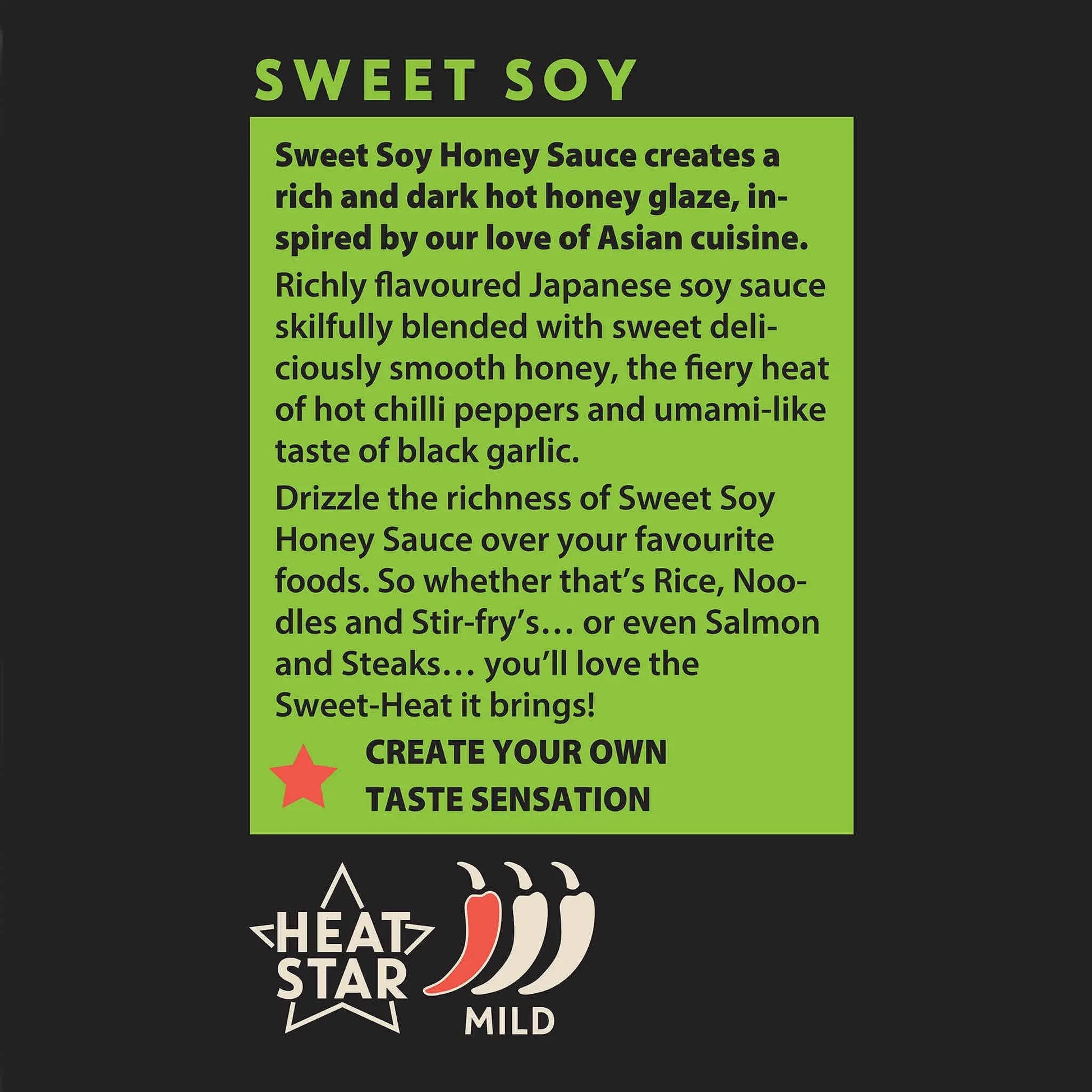 Close-up of Hot Star Honey Chilli & Black Garlic Sweet Soy sauce label showing ingredients and Asian-inspired flavor profile.