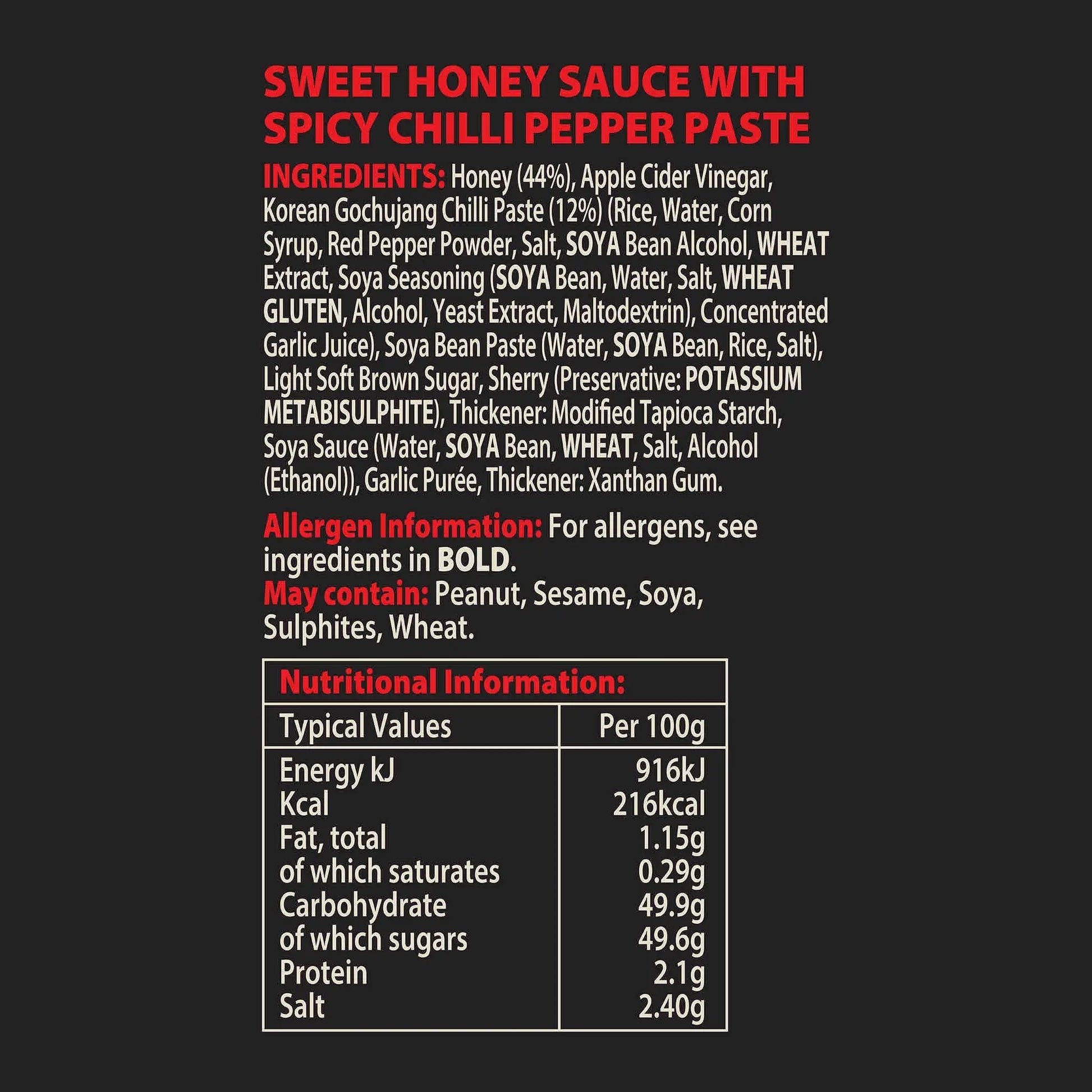Korean Buffalo Honey Sauce bottle by Hot Star Honey, Asian-inspired hot sauce with honey, label showing nutritional information.