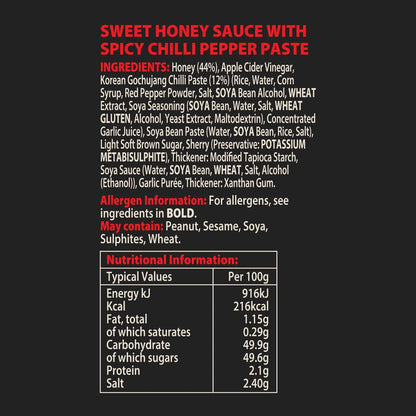 Korean Buffalo Honey Sauce bottle by Hot Star Honey, Asian-inspired hot sauce with honey, label showing nutritional information.