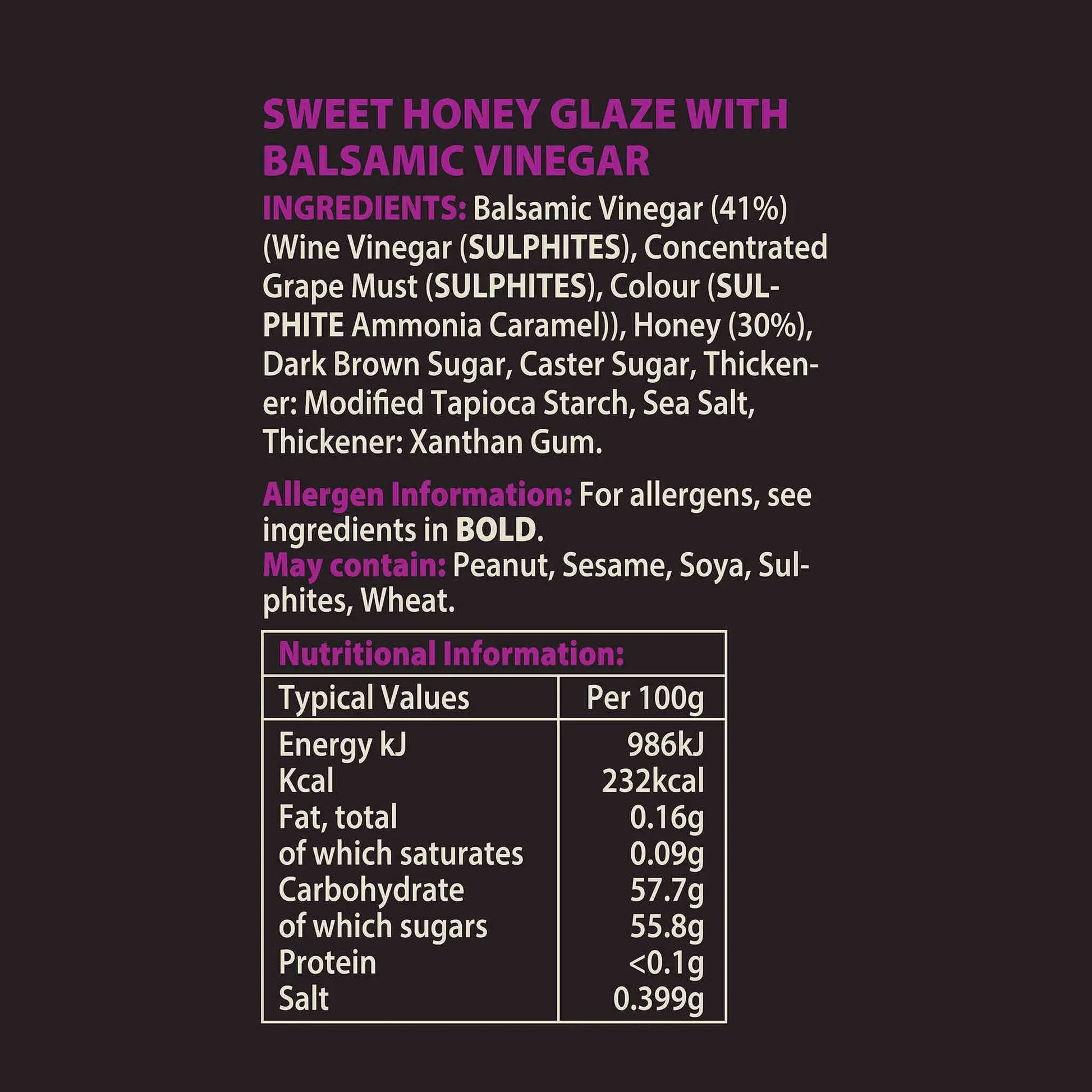 Bottle of Hot Star Honey Classic Balsamic Honey Glaze with label showing nutritional information and product details.