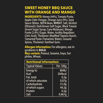 Caribbean BBQ Honey Sauce by Hot Star Honey, bottle with label featuring tropical design and nutritional info.