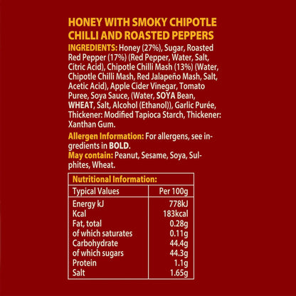 Close-up of Hot Star Honey Chipotle Chilli Honey bottle label showing nutritional information and spicy chili honey branding.