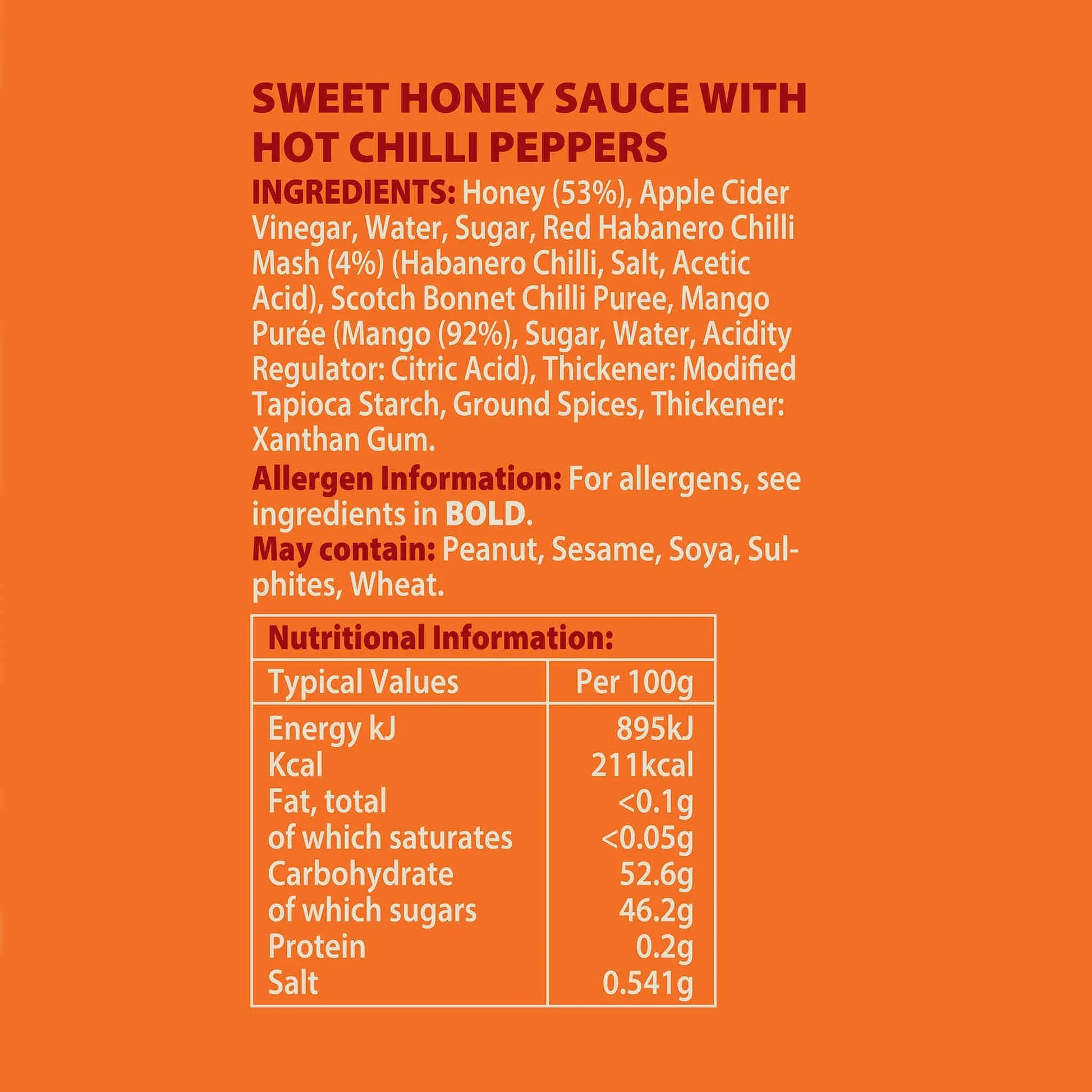 Habanero hot chilli honey bottle by Hot Star Honey showing the label with nutritional information and spicy chilli peppers.