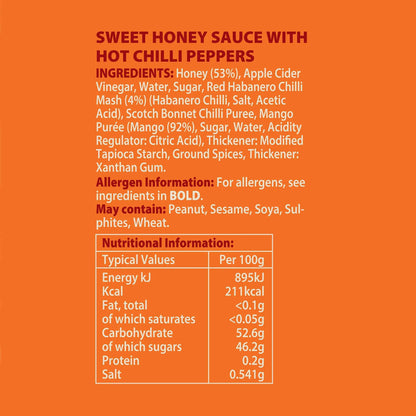 Habanero hot chilli honey bottle by Hot Star Honey showing the label with nutritional information and spicy chilli peppers.