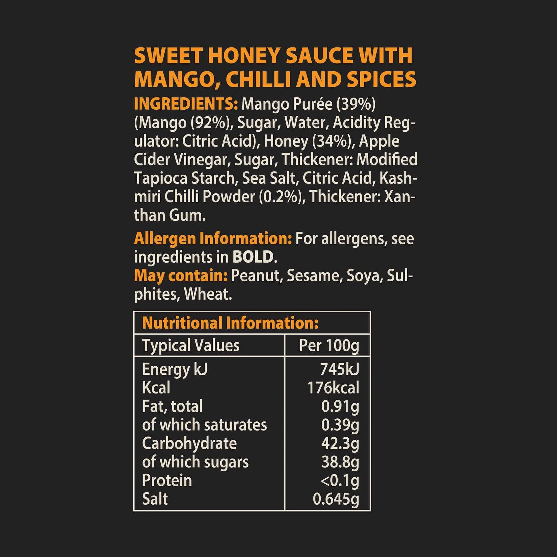 Asian-inspired Mango Chilli Honey Sauce bottle with label showing nutritional information by Hot Star Honey.