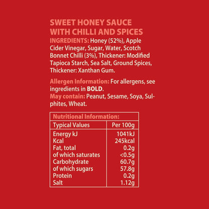 Scotch Bonnet Chilli Honey from Hot Star Honey shown on label with nutritional information.