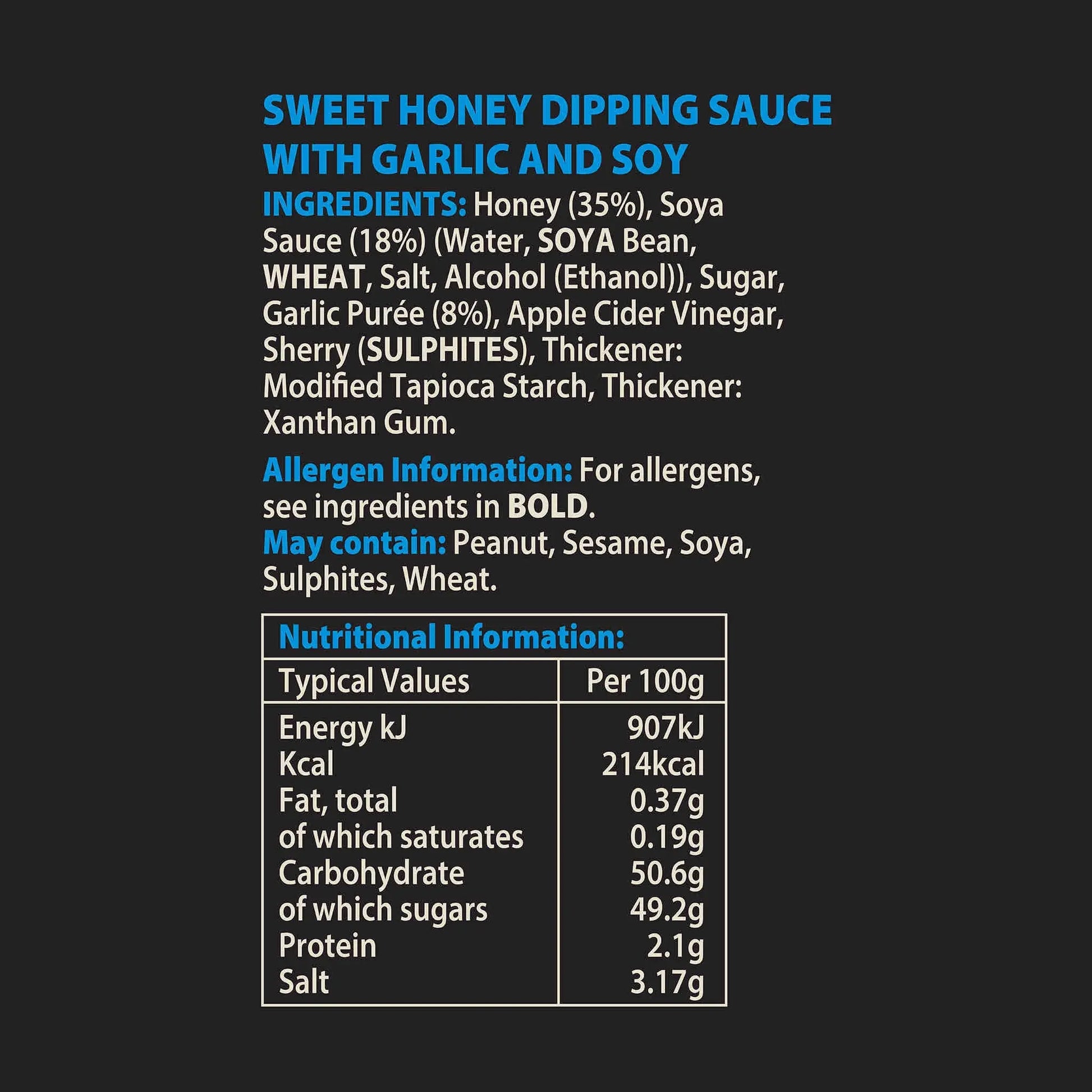 Asian-inspired Hot Star Honey Sticky Soy Dipping Sauce bottle with label showing nutritional information.