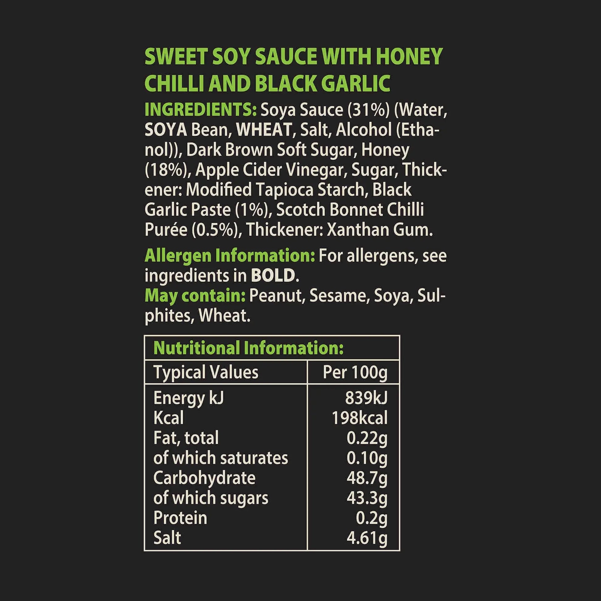 Asian inspired Hot Star Honey Chilli & Black Garlic Sweet Soy sauce bottle with label and nutritional information visible.