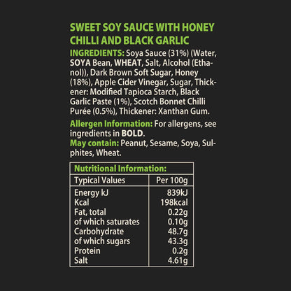 Asian inspired Hot Star Honey Chilli & Black Garlic Sweet Soy sauce bottle with label and nutritional information visible.