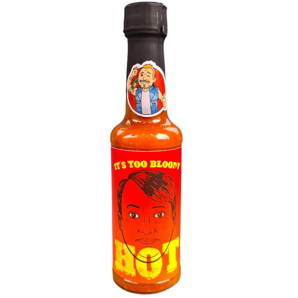 Dobby Club "It's Too Bloody Hot!" hot sauce bottle from Lou's Brews, featuring a colorful label and fiery sauce inside.