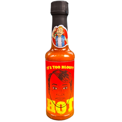 Dobby Club "It's Too Bloody Hot!" hot sauce bottle from Lou's Brews, featuring a colorful label and fiery sauce inside.