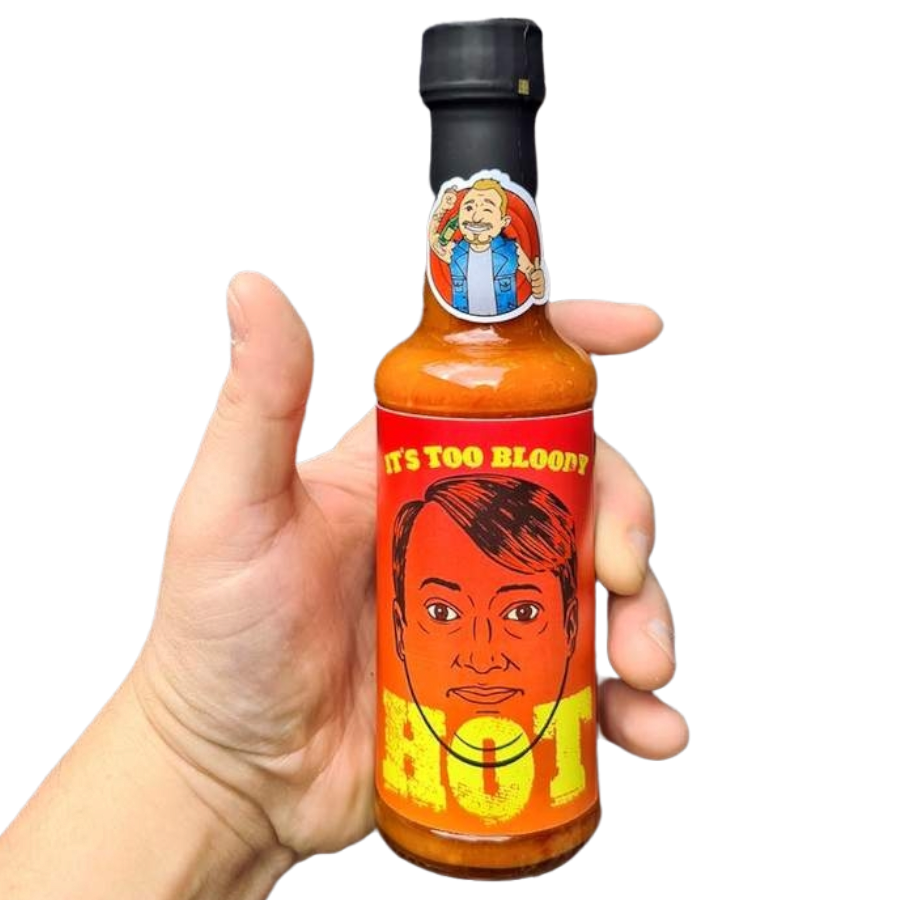 Lou's Brews Dobby Club hot sauce bottle from the IT'S TOO BLOODY HOT! condiment collection, featuring vibrant label design.