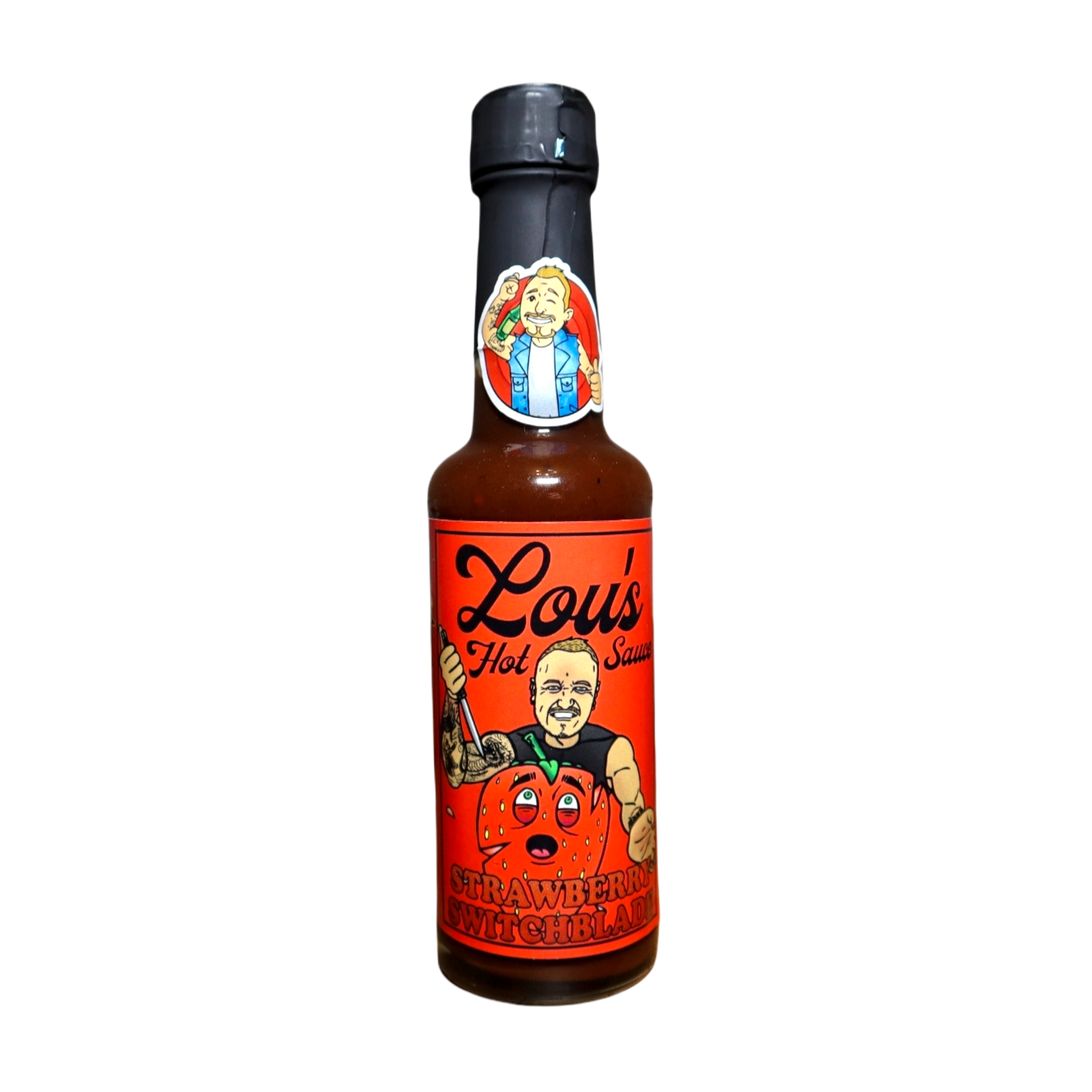 Bottle of Strawberry Switchblade Carolina Reaper hot sauce by Lou's Brews, featuring vibrant red chili peppers and fresh strawberries.
