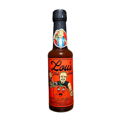 Bottle of Strawberry Switchblade Carolina Reaper hot sauce by Lou's Brews, featuring vibrant red chili peppers and fresh strawberries.