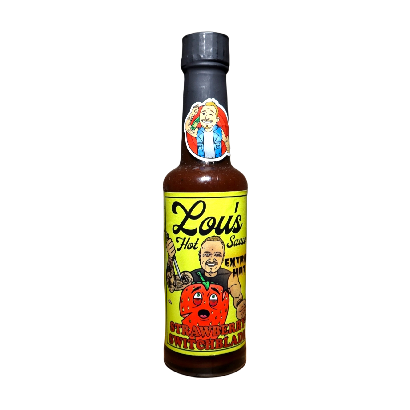 Strawberry Switchblade Carolina Reaper hot sauce bottle from Lou's Brews, featuring a vibrant label and spicy chili peppers.