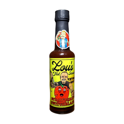 Strawberry Switchblade Carolina Reaper hot sauce bottle from Lou's Brews, featuring a vibrant label and spicy chili peppers.