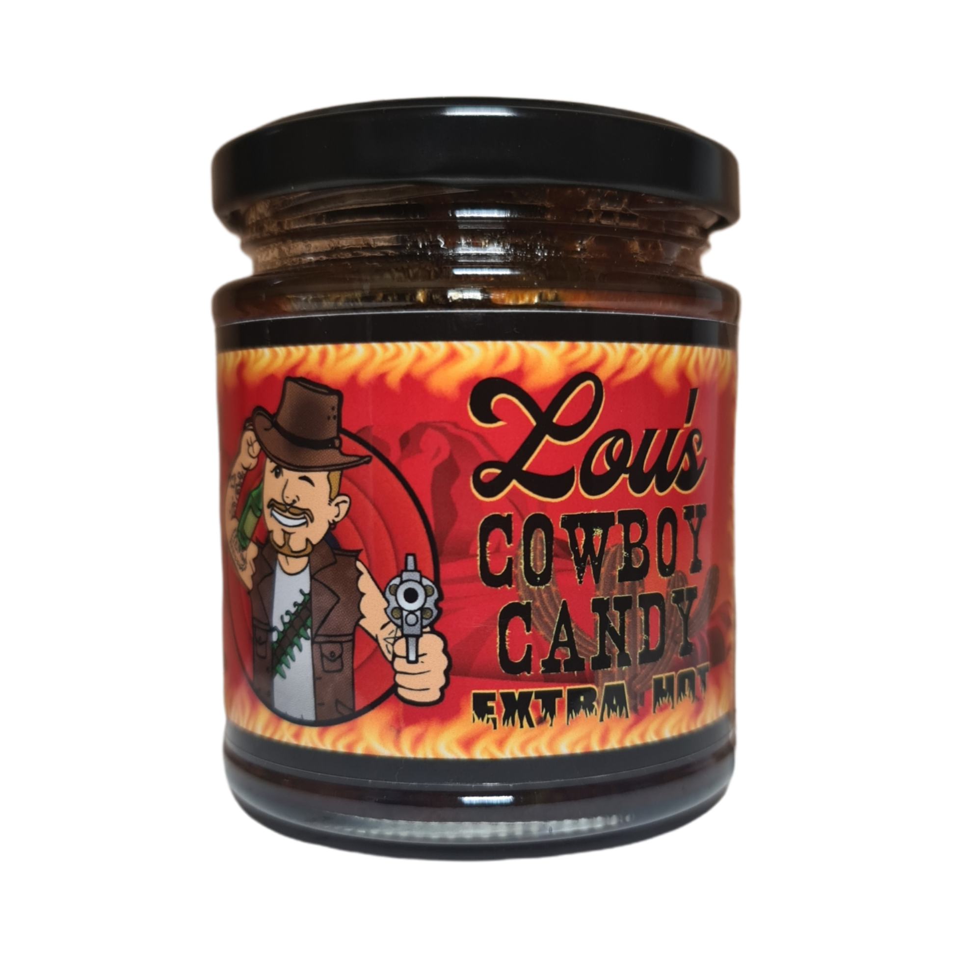 Jar of Lou's Brews Cowboy Candy, spicy candied jalapeños in a glass jar, for condiments and sauces.