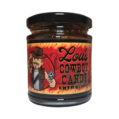 Jar of Lou's Brews Cowboy Candy, spicy candied jalapeños in a glass jar, for condiments and sauces.