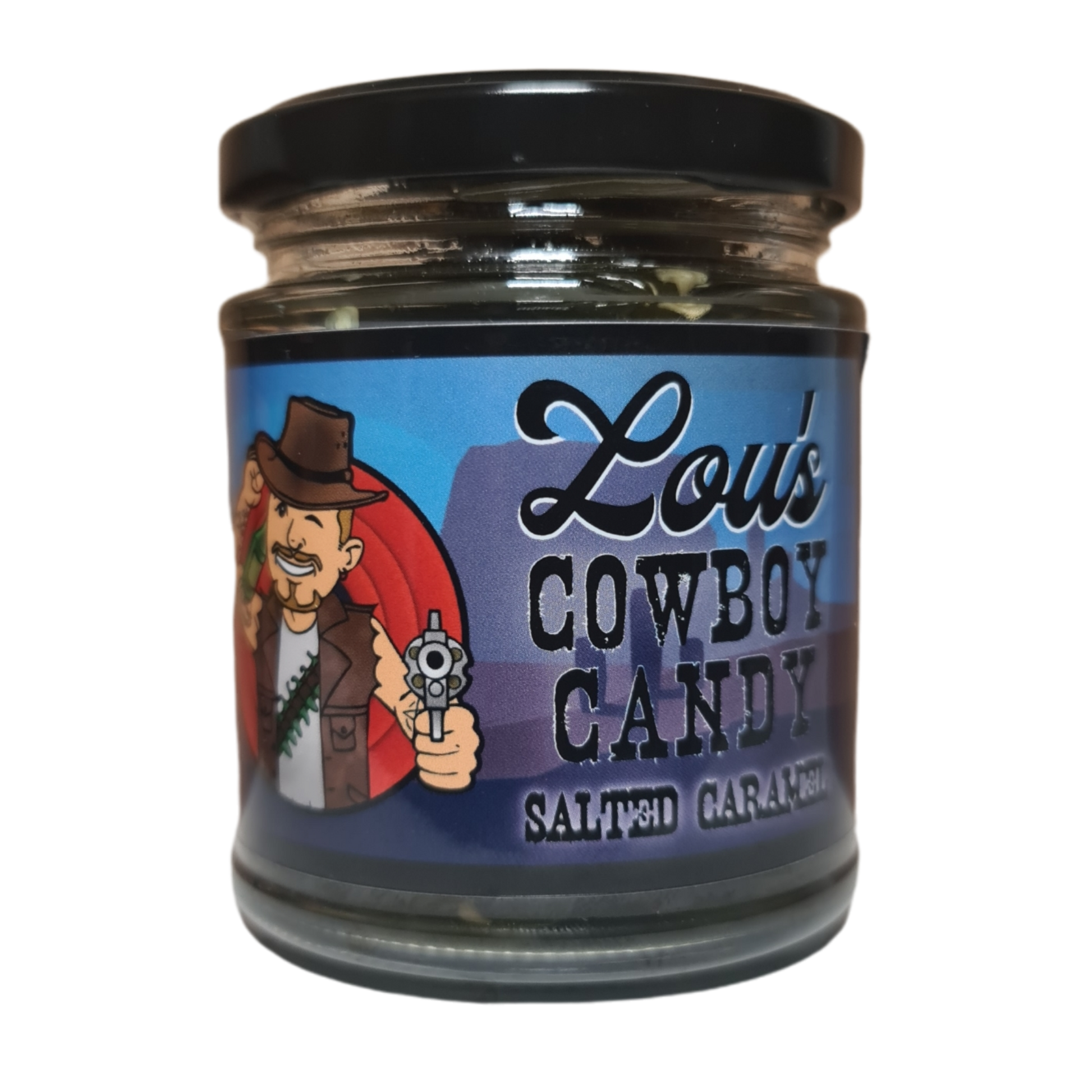 Jar of Lou's Brews Cowboy Candy, sweet and spicy candied jalapeño condiment in a glass jar with a label.