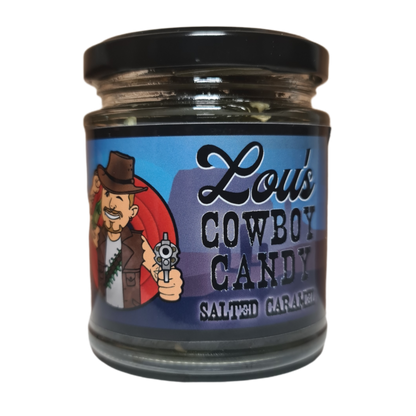 Jar of Lou's Brews Cowboy Candy, sweet and spicy candied jalapeño condiment in a glass jar with a label.