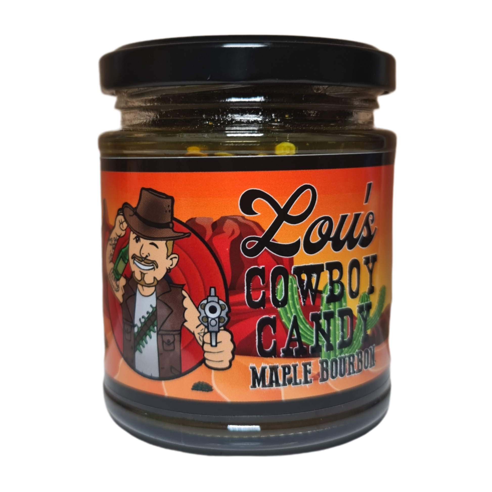 Jar of Lou's Brews Cowboy Candy, candied jalapeño peppers in a glass jar, spicy sweet condiment for snacks and dishes