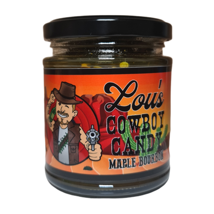 Jar of Lou's Brews Cowboy Candy, candied jalapeño peppers in a glass jar, spicy sweet condiment for snacks and dishes