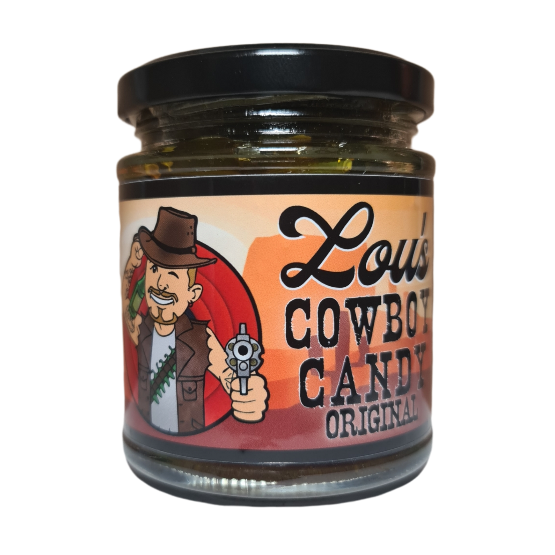 Jar of Lou's Brews Cowboy Candy, award-winning candied jalapeño peppers in a clear glass jar, ready to add spicy sweetness to meals.