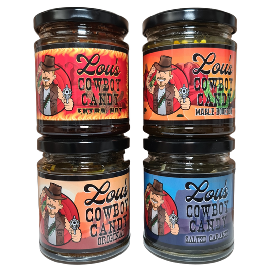 Jars of Lou's Brews Cowboy Candy, spicy candied jalapeños in glass containers, labeled as award-winning condiments and sauces.