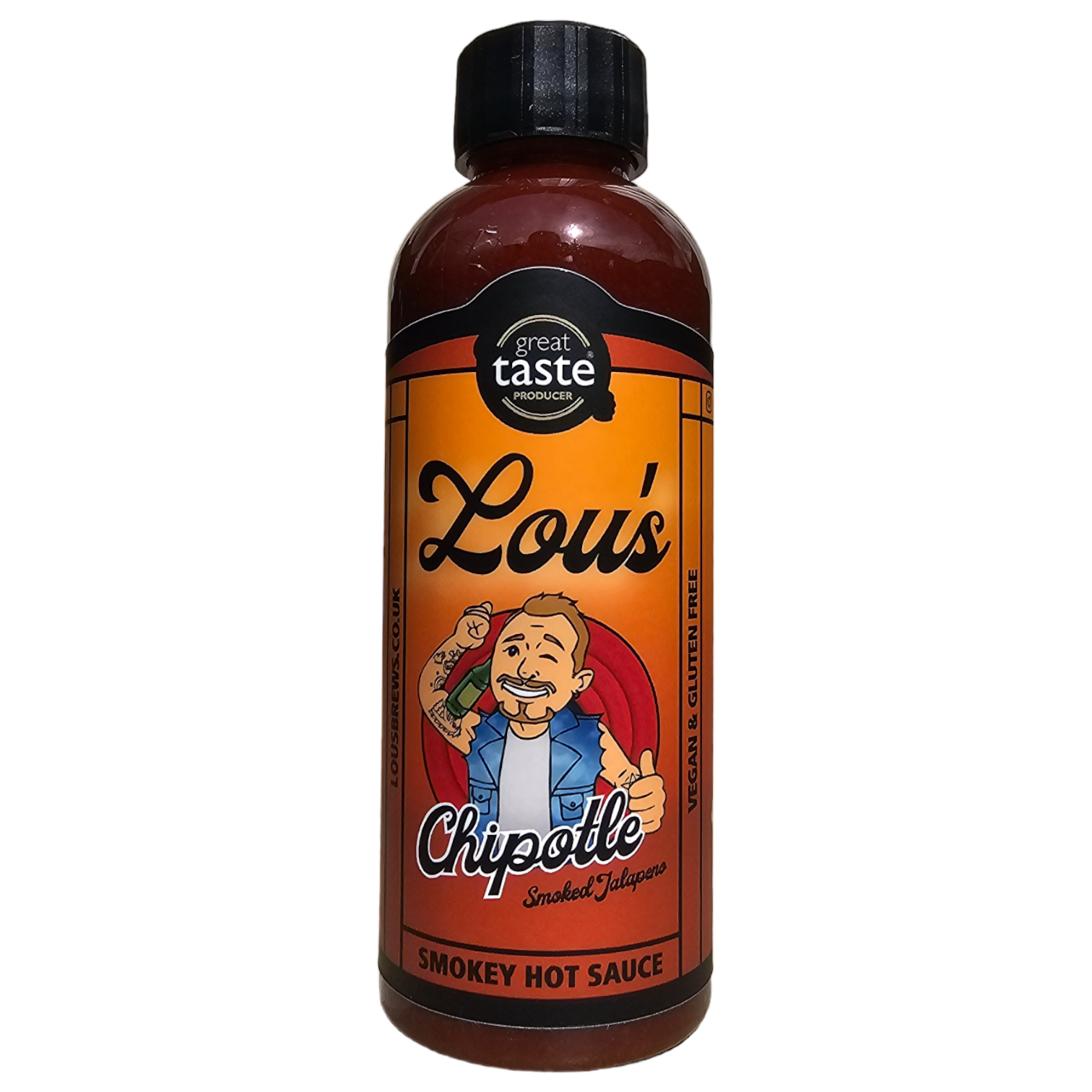 Smoked jalapeno hot sauce in a bottle from Lou's Brews, with vibrant orange and green peppers and a rustic label.