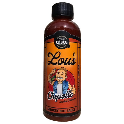 Smoked jalapeno hot sauce in a bottle from Lou's Brews, with vibrant orange and green peppers and a rustic label.