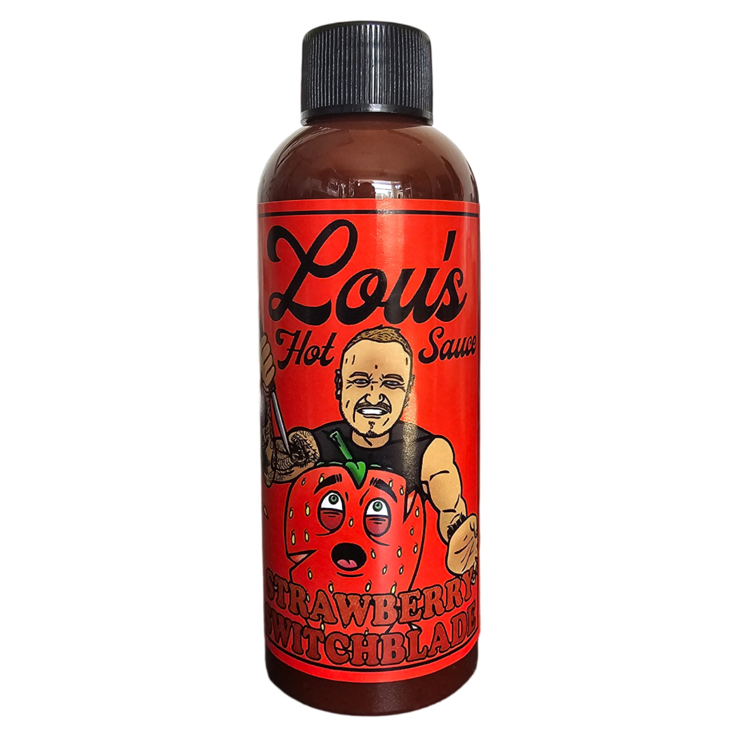 Strawberry Switchblade Carolina Reaper Hot Sauce bottle from Lou's Brews, featuring a vibrant label with strawberries and peppers.