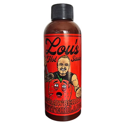 Strawberry Switchblade Carolina Reaper Hot Sauce bottle from Lou's Brews, featuring a vibrant label with strawberries and peppers.
