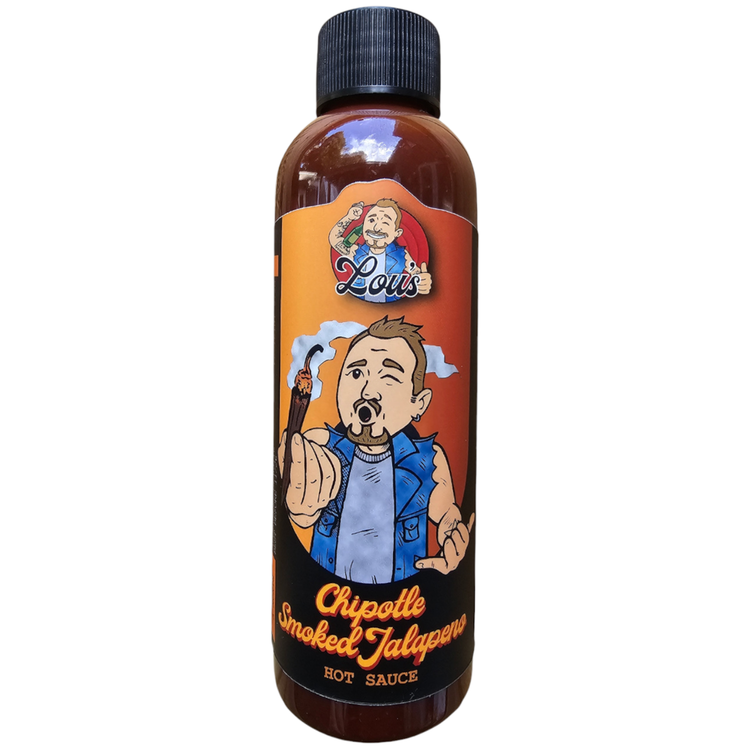 Bottle of Lou's Brews Chipotle Smoked Jalapeno Hot Sauce, featuring a label with smoky jalapenos and vibrant red sauce inside.