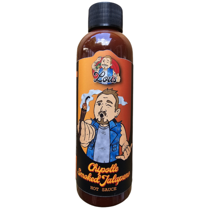 Bottle of Lou's Brews Chipotle Smoked Jalapeno Hot Sauce, featuring a label with smoky jalapenos and vibrant red sauce inside.