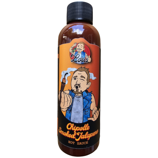 Bottle of Lou's Brews Chipotle Smoked Jalapeno Hot Sauce, featuring a label with smoky jalapenos and vibrant red sauce inside.
