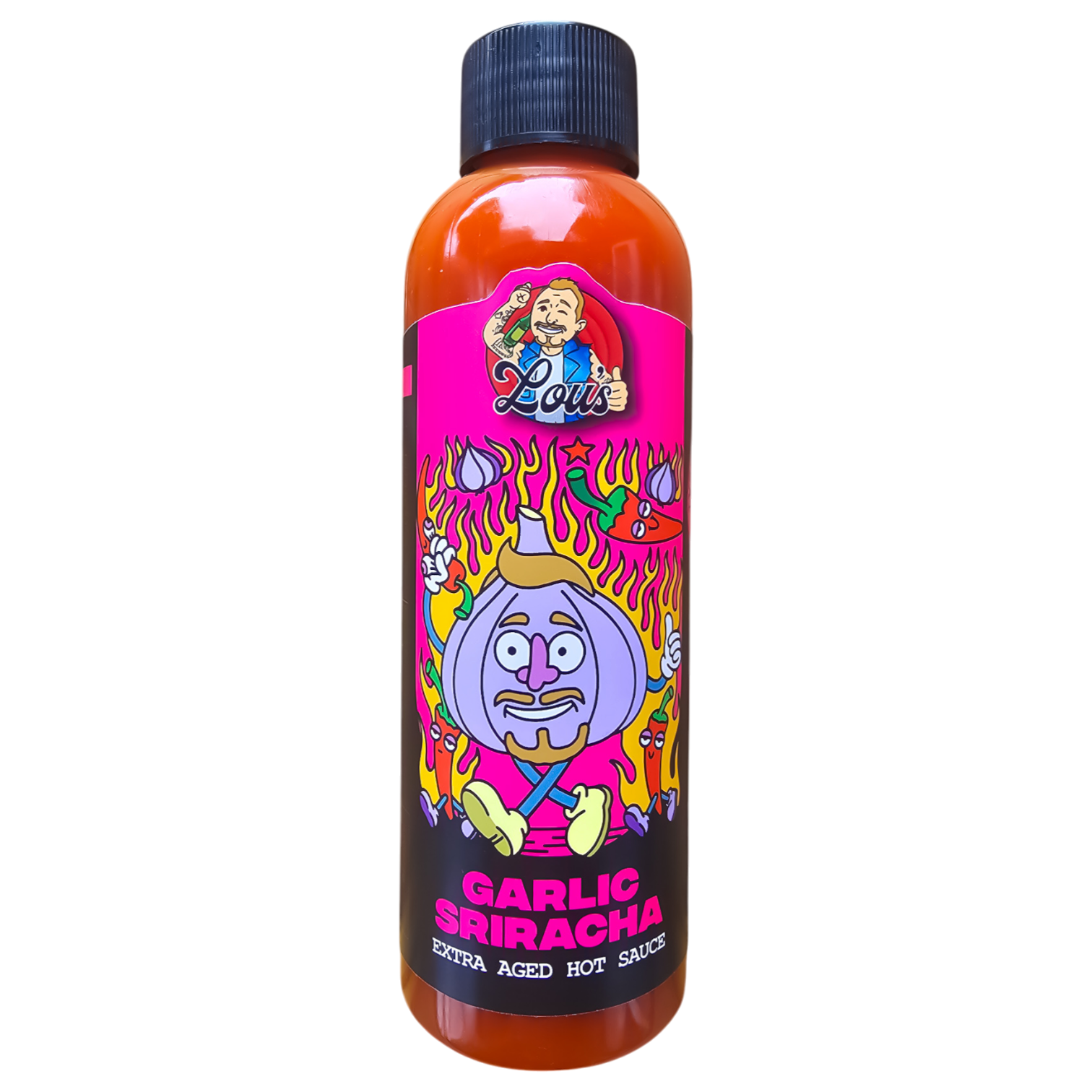 Bottle of Lou's Brews XO Garlic Sriracha hot sauce with aged garlic, condiment in a clear glass bottle with a bright label.