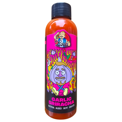 Bottle of Lou's Brews XO Garlic Sriracha hot sauce with aged garlic, condiment in a clear glass bottle with a bright label.