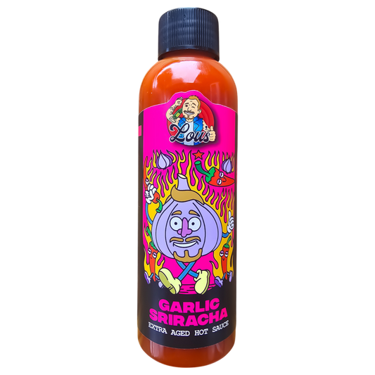 Bottle of Lou's Brews XO Garlic Sriracha hot sauce with aged garlic, condiment in a clear glass bottle with a bright label.