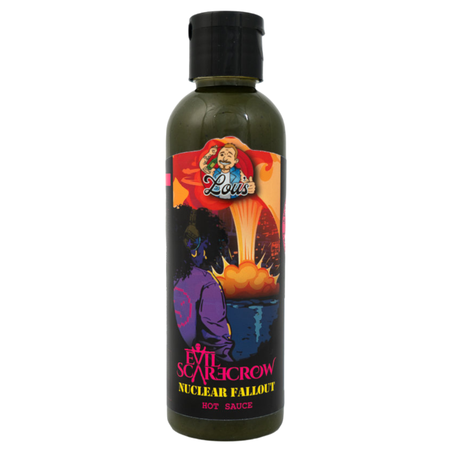Evil Scarecrow Jalapeño Pear hot sauce bottle from Lou's Brews, featuring a spicy pear flavor and vibrant label design.
