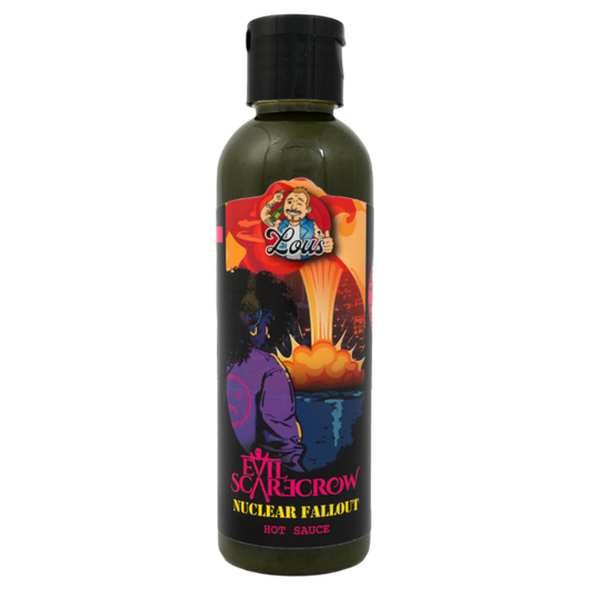 Evil Scarecrow Jalapeño Pear hot sauce bottle from Lou's Brews, featuring a spicy pear flavor and vibrant label design.