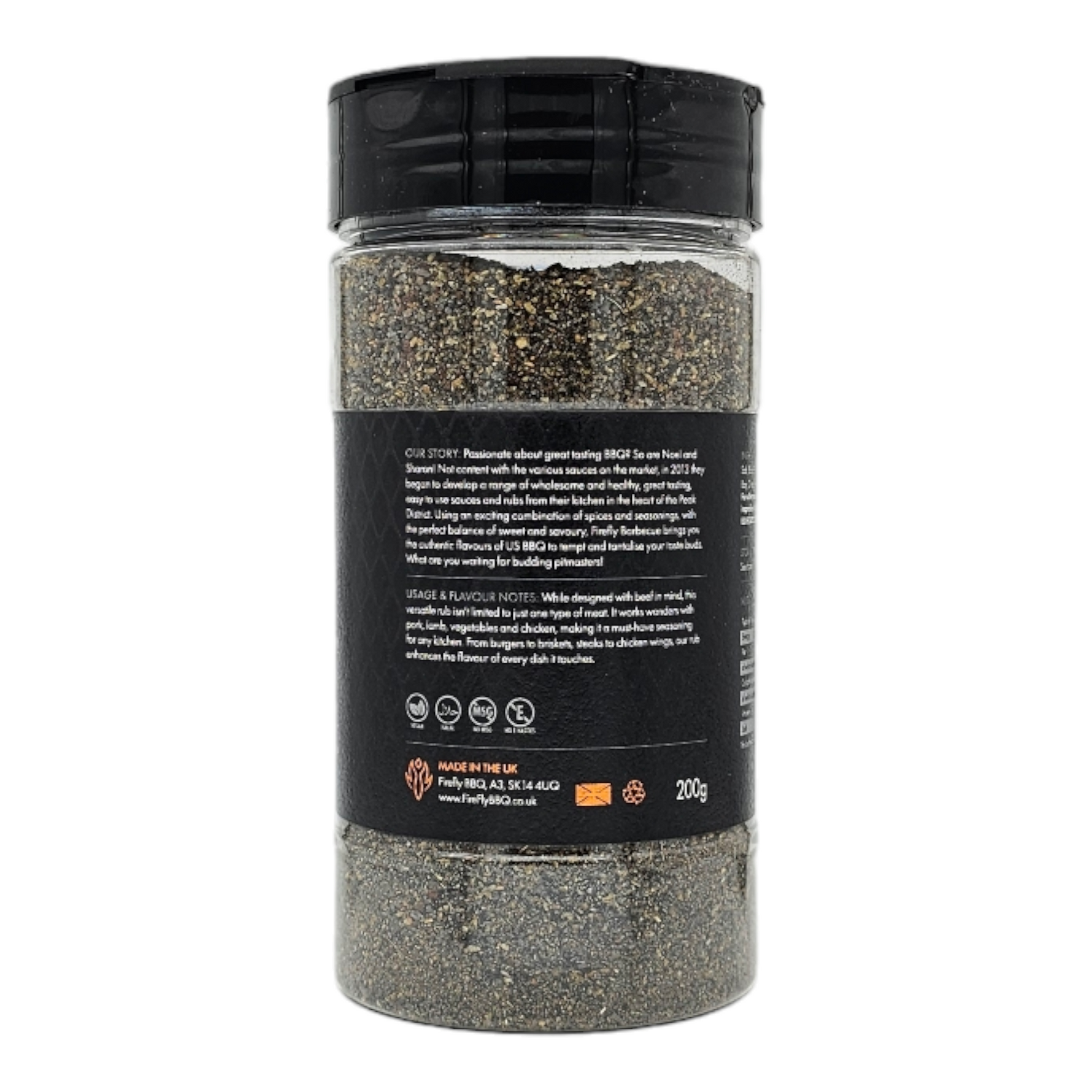 Black Magic Charcoal Beef Rub from FireFly Barbecue, a smoky BBQ rub with black seasoning on a prepared meat surface.