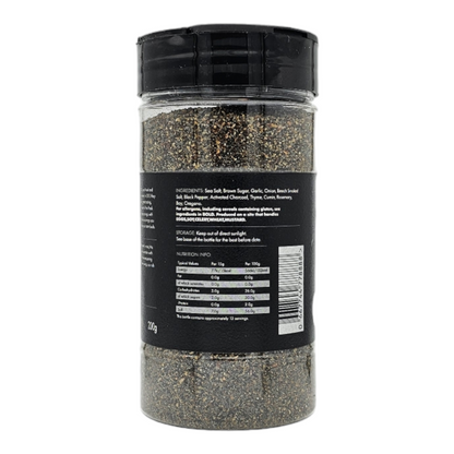 FireFly Barbecue Black Magic Charcoal Beef Rub in a jar, a flavorful BBQ rub with a dark, smoky spice blend for grilling.