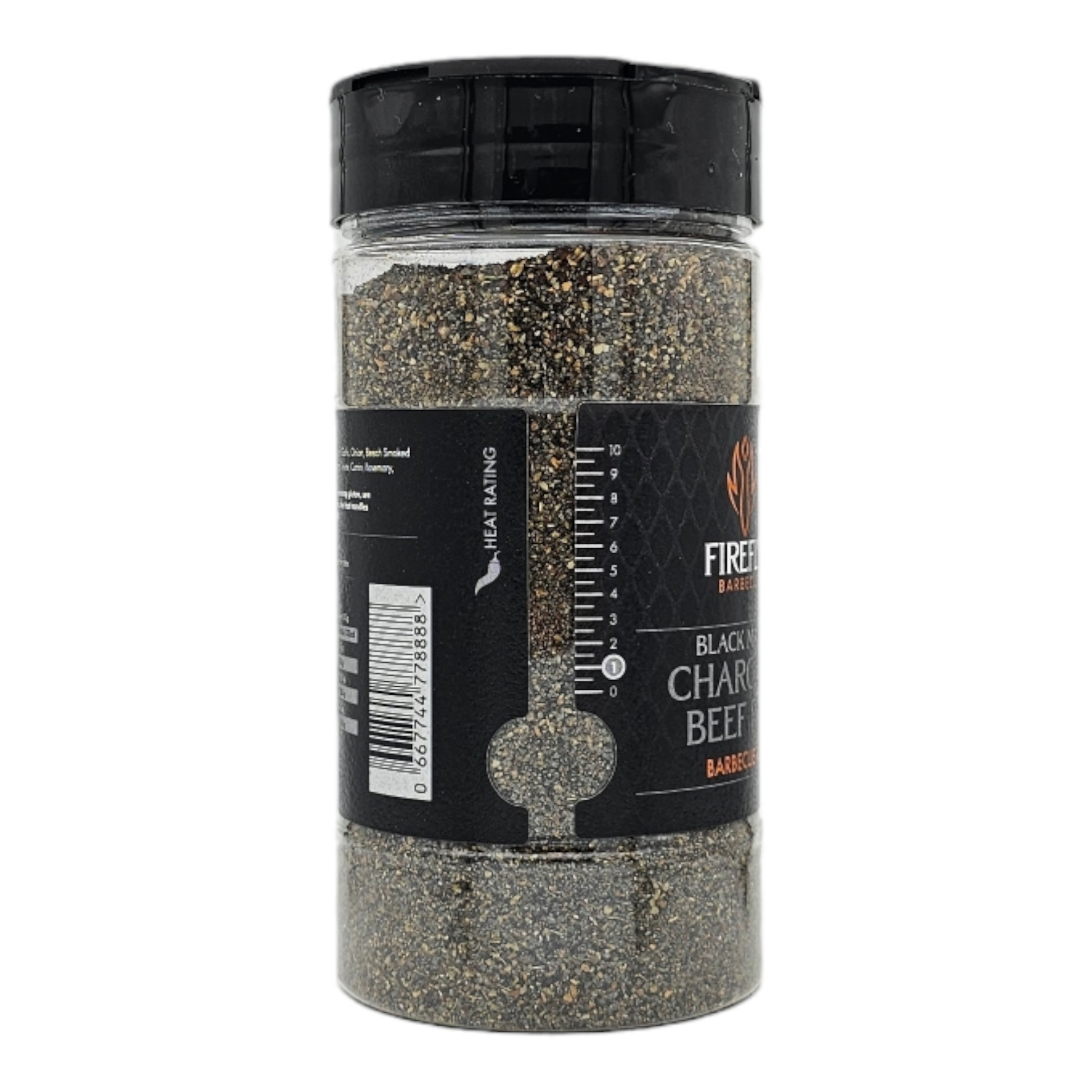FireFly Barbecue Black Magic Charcoal Beef Rub in a jar, seasoning for BBQ, with black and spice-colored texture.