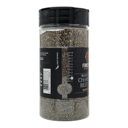 FireFly Barbecue Black Magic Charcoal Beef Rub in a jar, seasoning for BBQ, with black and spice-colored texture.
