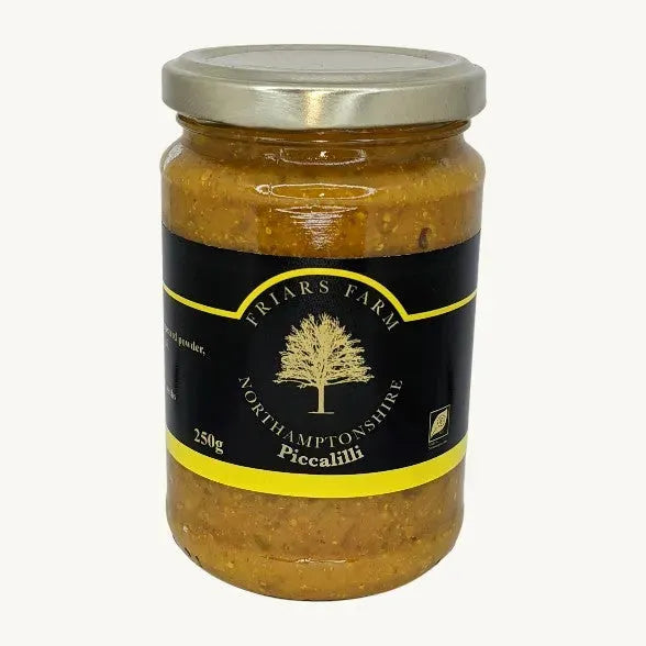 Jar of Friars Farm Picalilli 250g with chopped vegetables and mustard seeds in a clear glass jar with a label.