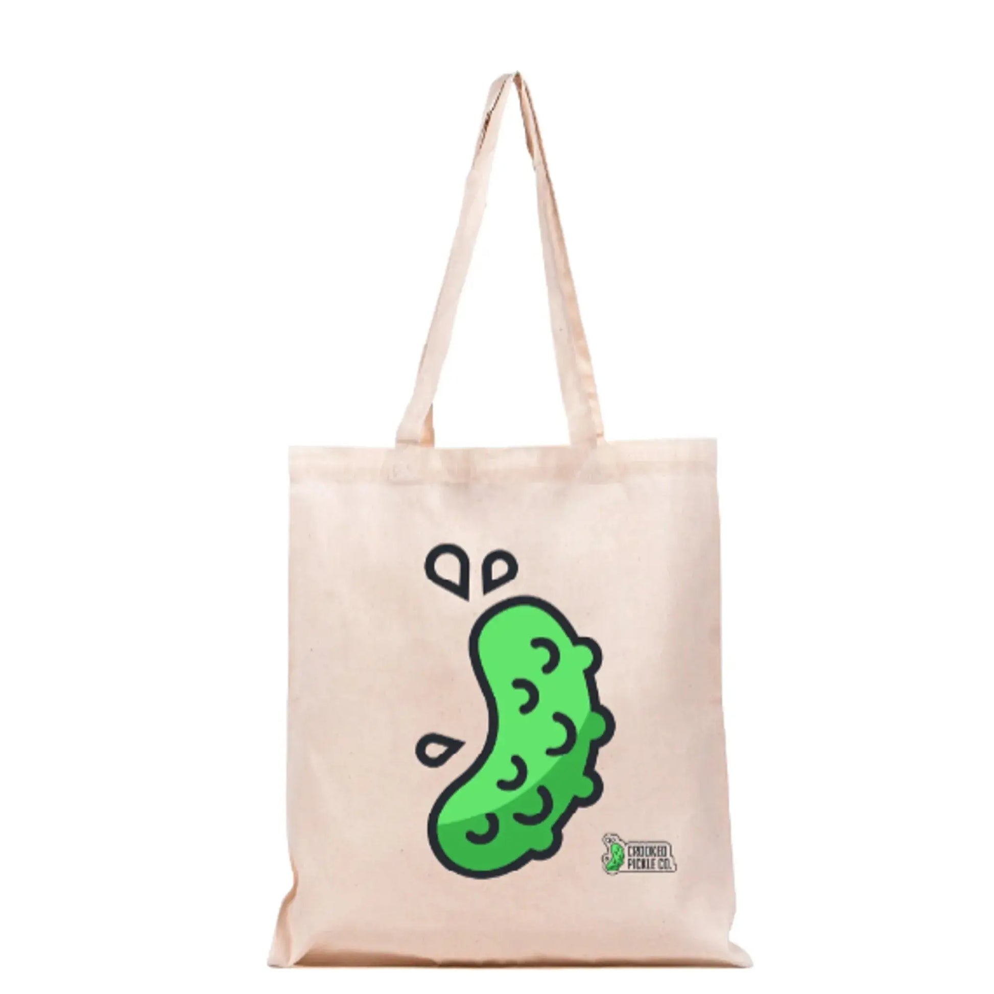 CROOKED PICKLE CO Pickle Tote Bag with pickle print, durable fabric, and sturdy handles for carrying essentials in style.