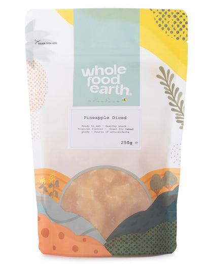 Dried diced pineapple pieces from Whole Food Earth in a 250g package, showing golden dried pineapple chunks.