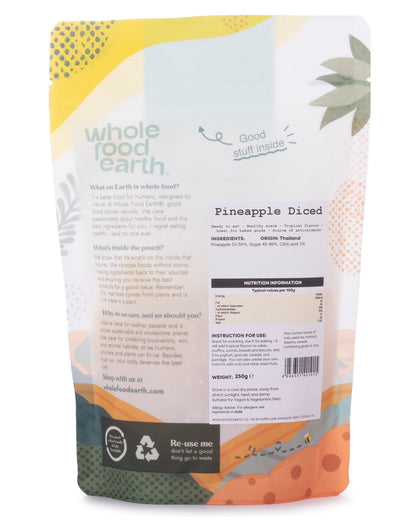 Dried diced pineapple from Whole Food Earth, showing vibrant yellow pineapple pieces in a clear package.