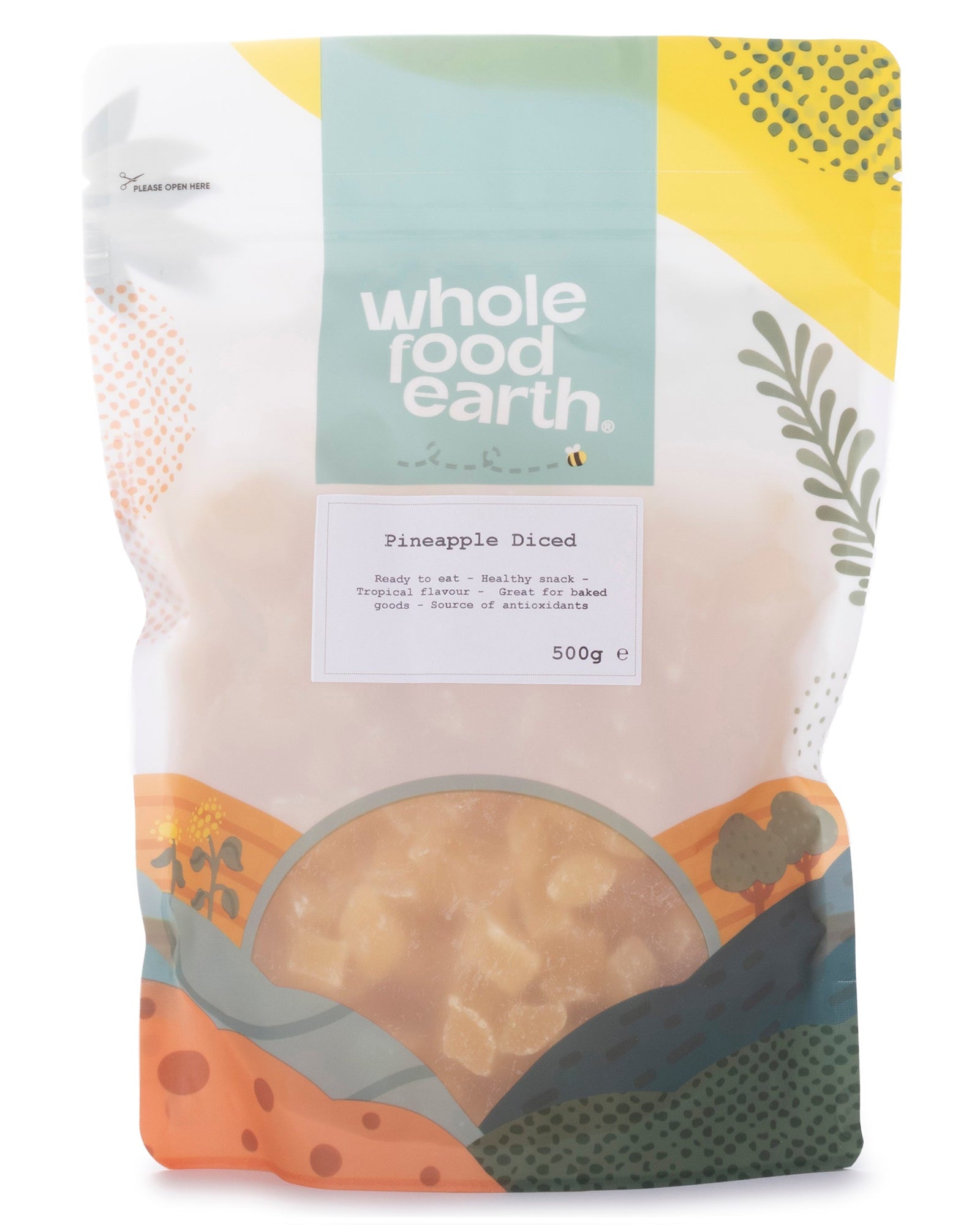 Dried diced pineapple slices from Whole Food Earth, showing bright yellow pineapple pieces in a clear container.