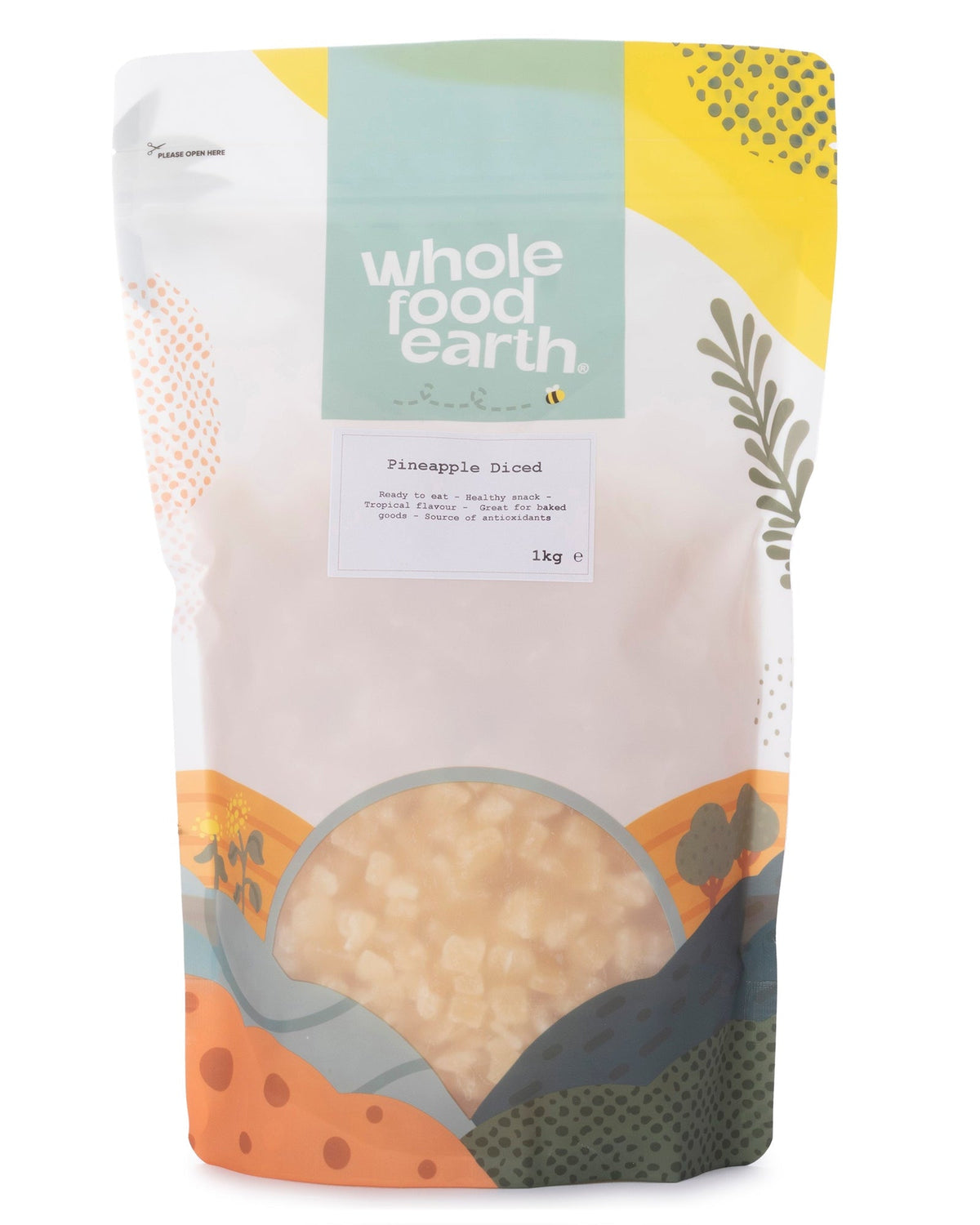 Dried pineapple diced pieces from Whole Food Earth, showing golden yellow chunks of dried pineapple on a white background.